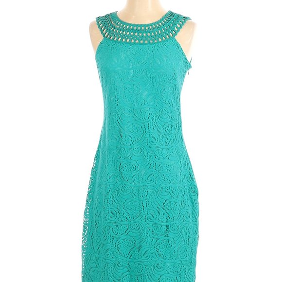 Eliza J Size 2 Teal Lace Overlay Shift Dress - Picture 4 of 9